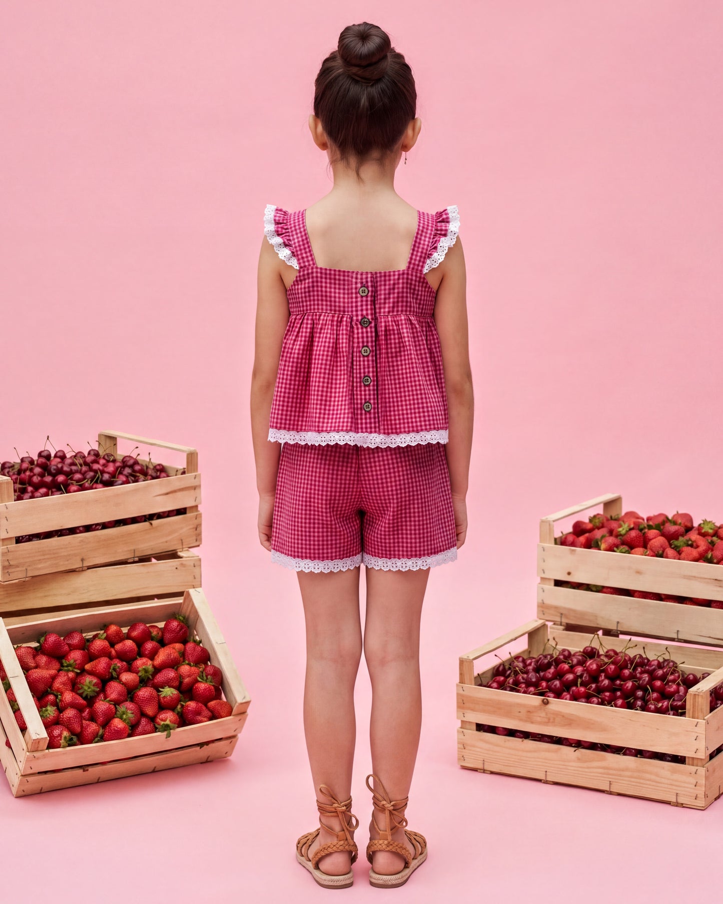 Girls Pink Gingham Embroidered Shorts Set
