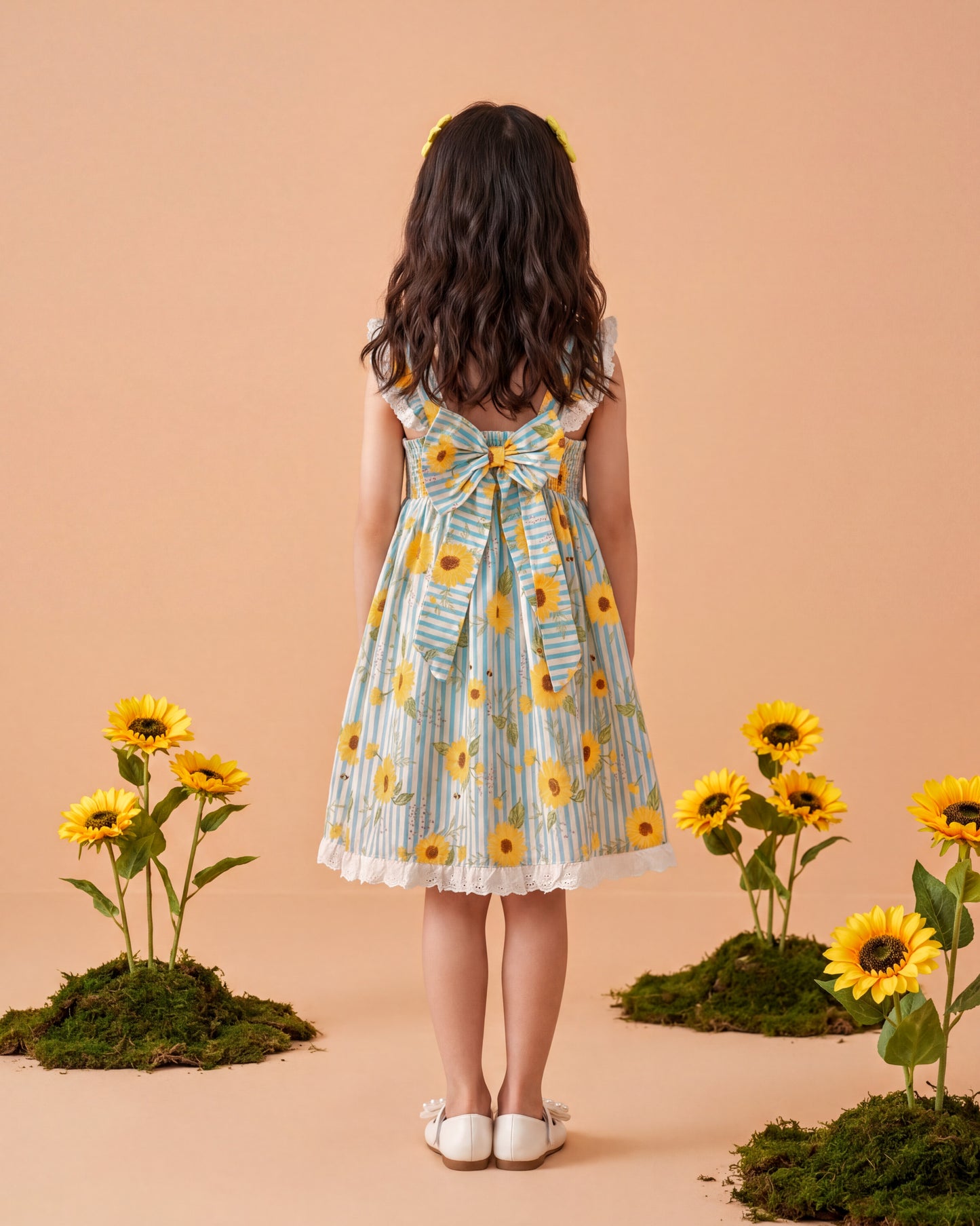 Girls Blue Striped Sunflower A-Line Dress