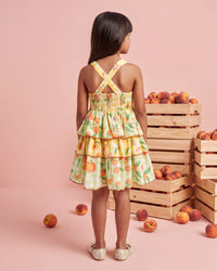 Girls Green And Yellow Peach Tiered Ruffle Dress