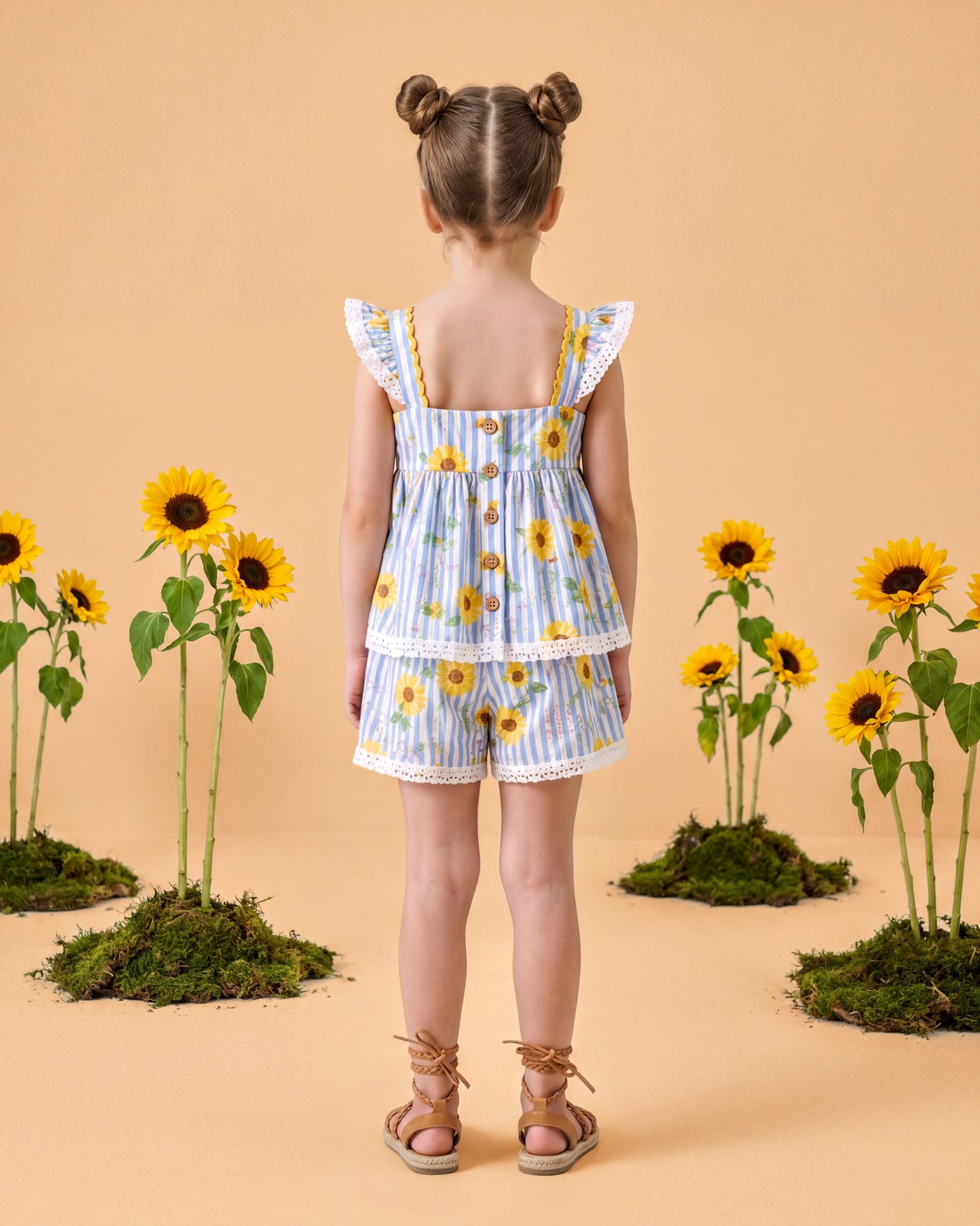 Girls Purple Striped Sunflower Lace Shorts Set
