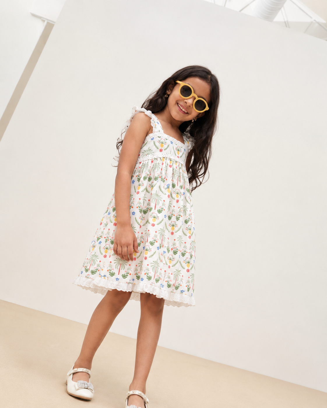 Girls Tropical Palm A-Line Dress