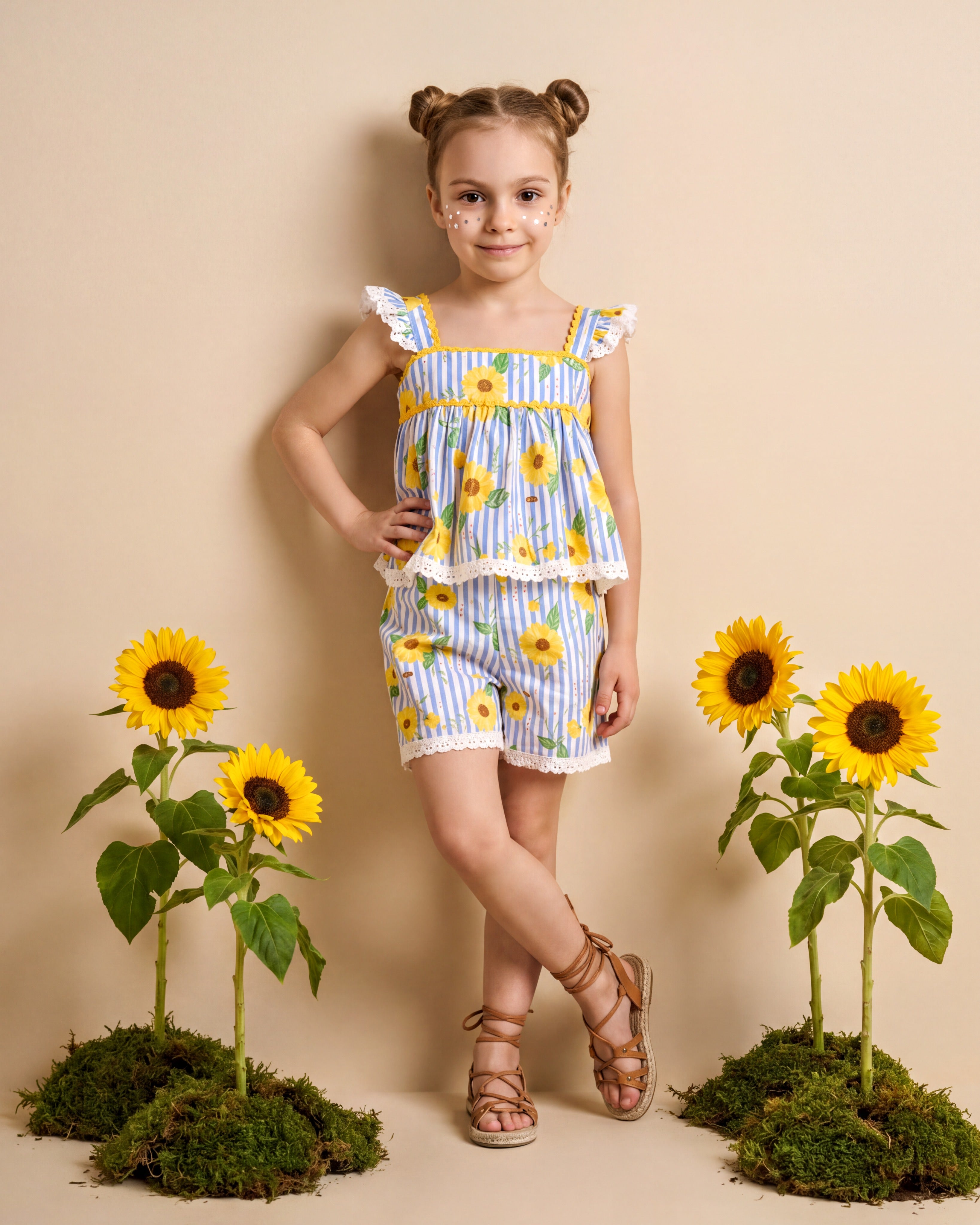 Girls Purple Striped Sunflower Lace Shorts Set